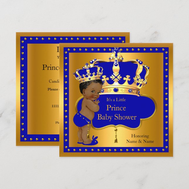 Invitation Prince Baby shower Royal Blue Boy Crown Ethnic (Devant / Derrière)