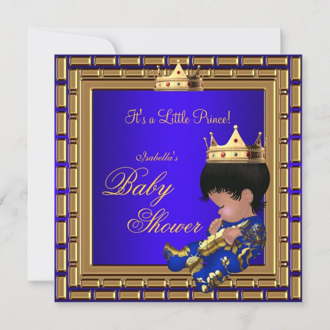 Invitation Prince Baby shower Royal Blue Gold Boy Crown 4 (Devant)