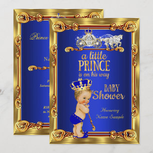 Invitation Prince Baby shower Royal Blue Gold Carriage Blond