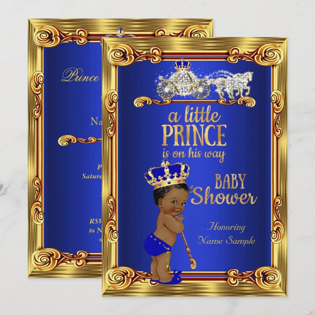 Invitation Prince Baby shower Royal Blue Gold Carriage Ethniq (Devant / Derrière)