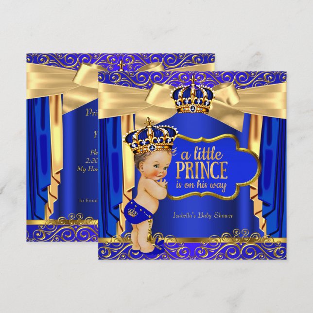 Invitation Prince Baby shower Royal Blue Gold Draps Brunette (Devant / Derrière)