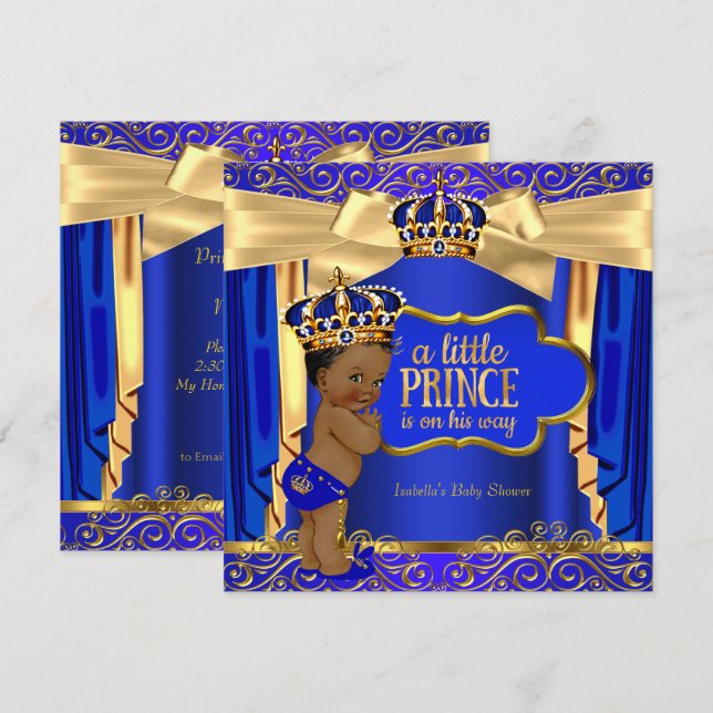 Invitation Prince Baby shower Royal Blue Gold Draps Ethnique (Devant / Derrière)