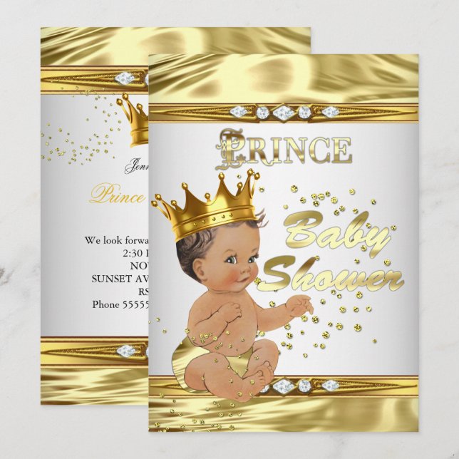 Invitation Prince Baby shower White Gold Foil Brunette (Devant / Derrière)