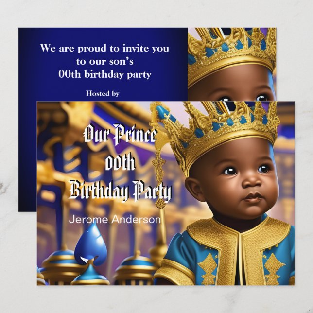 Invitation Prince Boy Anniversaire Bleu Or Africain Américain (Devant / Derrière)
