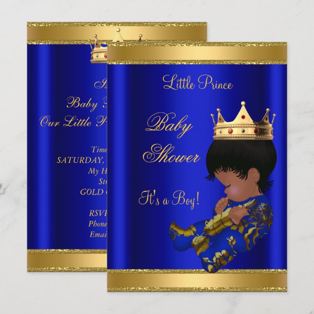 Invitation Prince Boy Baby shower Blue Ethnic (Devant / Derrière)