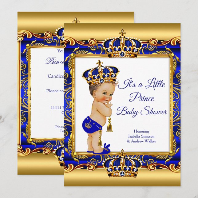 Invitation Prince Boy Baby shower Blue Ornate Gold Brunette (Devant / Derrière)