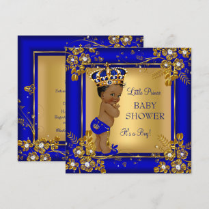 Invitation Prince Boy Baby shower Gold Blue Afro-Américain