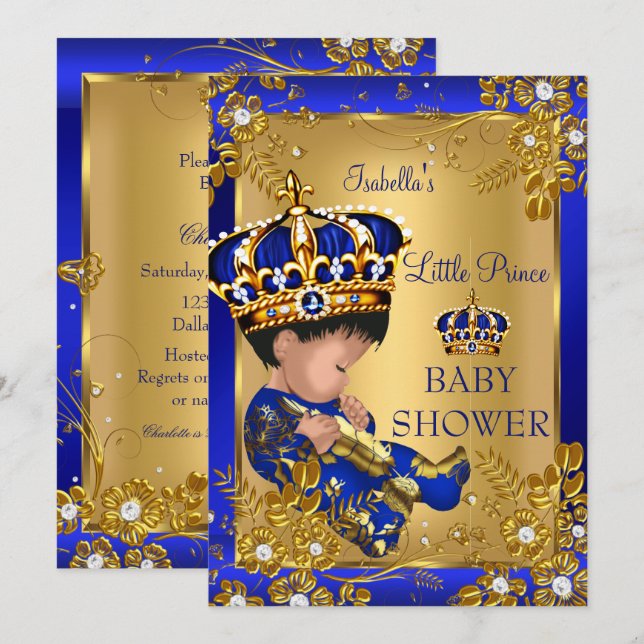 Invitation Prince Boy Baby shower Gold Blue Crown (Devant / Derrière)