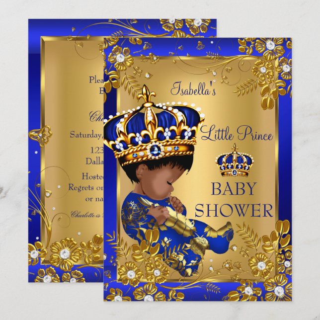 Invitation Prince Boy Baby shower Gold Blue Crown Ethnic (Devant / Derrière)