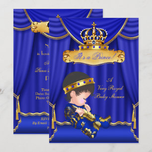 Invitation Prince Boy Baby shower Royal Blue Drapes Brunette