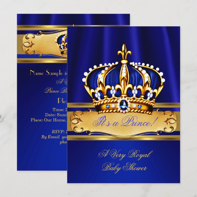 Invitation Prince Boy Baby shower Royal Blue Gold (Devant / Derrière)