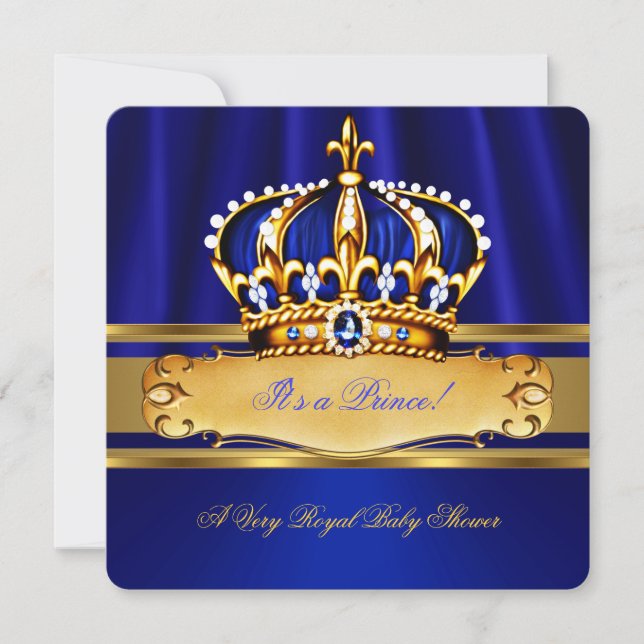 Invitation Prince Boy Baby shower Royal Blue Gold (Devant)
