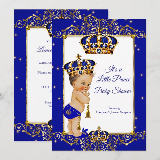 Invitation Prince Boy Baby shower Royal Blue Gold Brunette (Devant / Derrière)