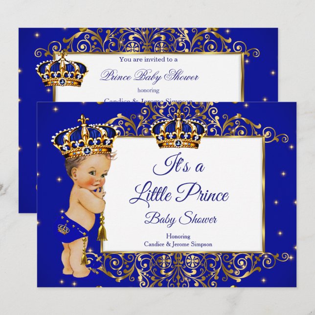 Invitation Prince Boy Baby shower Royal Blue Gold Brunette 2 (Devant / Derrière)