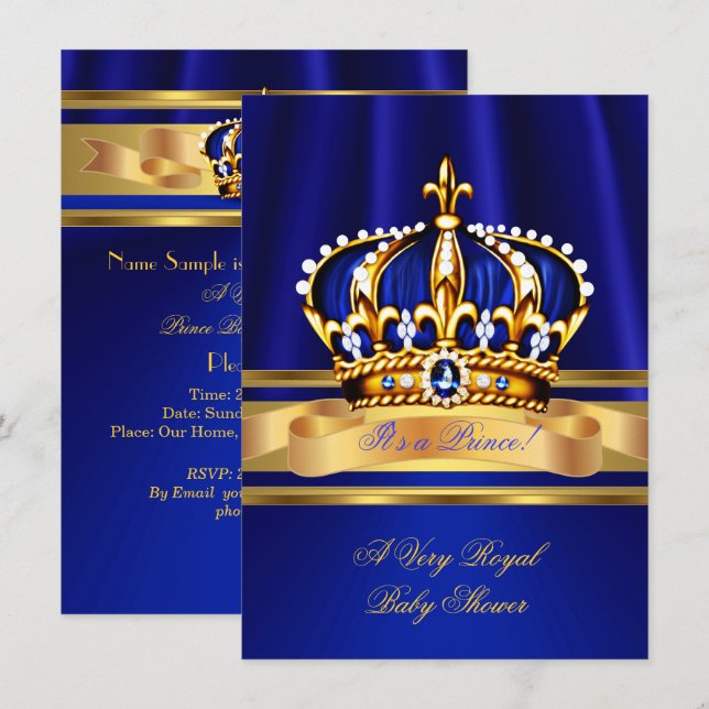 Invitation Prince Boy Baby shower Royal Blue Gold Crown (Devant / Derrière)