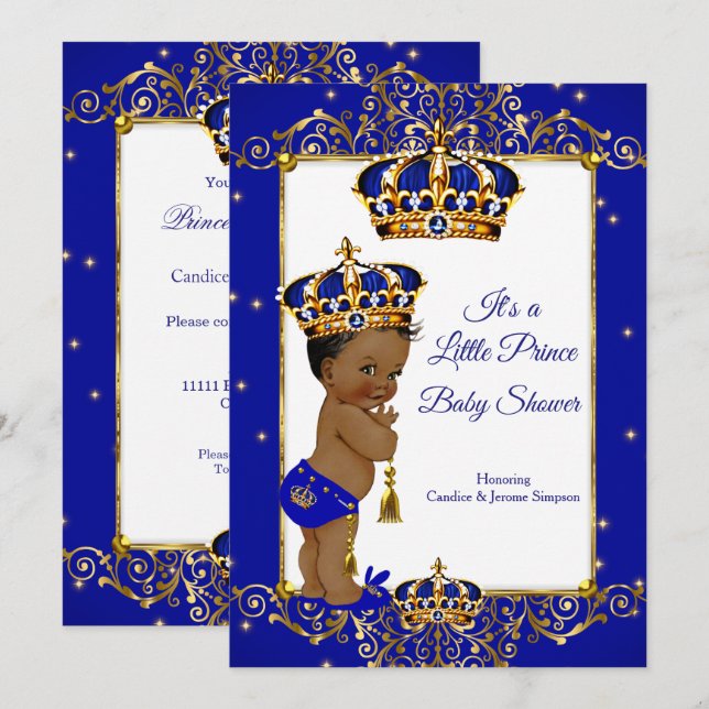 Invitation Prince Boy Baby shower Royal Blue Gold Ethnic (Devant / Derrière)