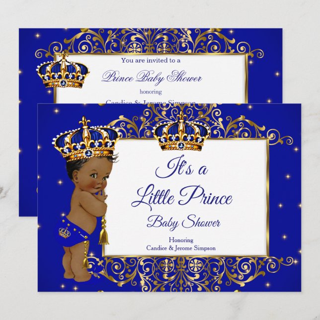 Invitation Prince Boy Baby shower Royal Blue Gold Ethnic 2 (Devant / Derrière)