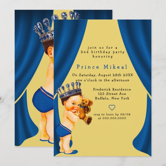 Invitation Prince et Teddy Bear Blue Gold fête d'anniversaire (Devant / Derrière)