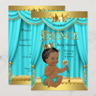 Invitation Prince héritier Baby shower Gold Aqua Turquoise Et