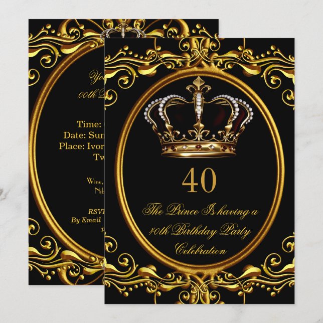 Invitation Prince King Gold Royal Couronne noire Anniversaire (Devant / Derrière)