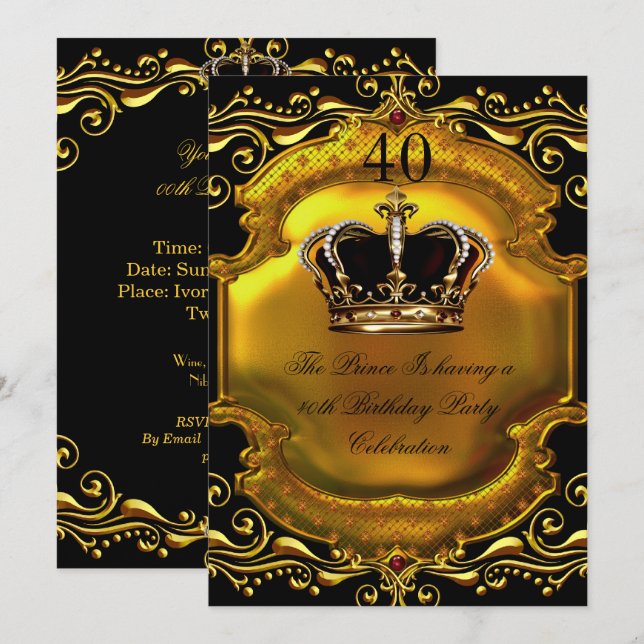 Invitation Prince King Gold Royal Couronne noire Anniversaire (Devant / Derrière)