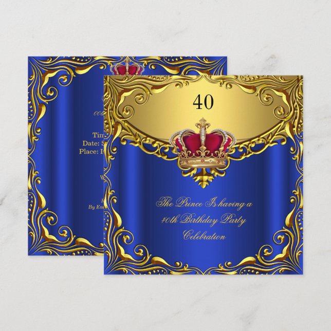 Invitation Prince King Red Gold Royal Blue Crown Anniversaire (Devant / Derrière)