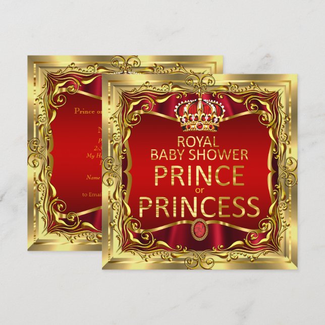 Invitation Prince ou Princesse Baby shower Rouge Or (Devant / Derrière)