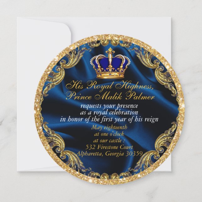Invitation Prince Royal bleu et or couronne et soie Invitati (Devant)