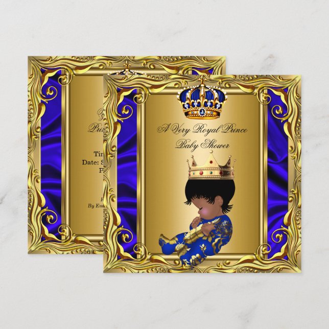 Invitation Prince Royal Blue Baby shower Regal Gold Boy (Devant / Derrière)