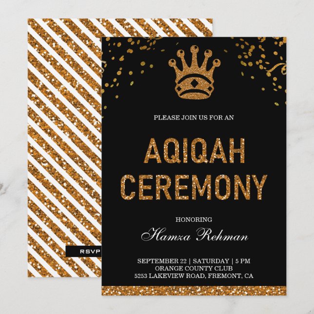 Invitation Prince royal d'or noir Aqiqah (Devant / Derrière)