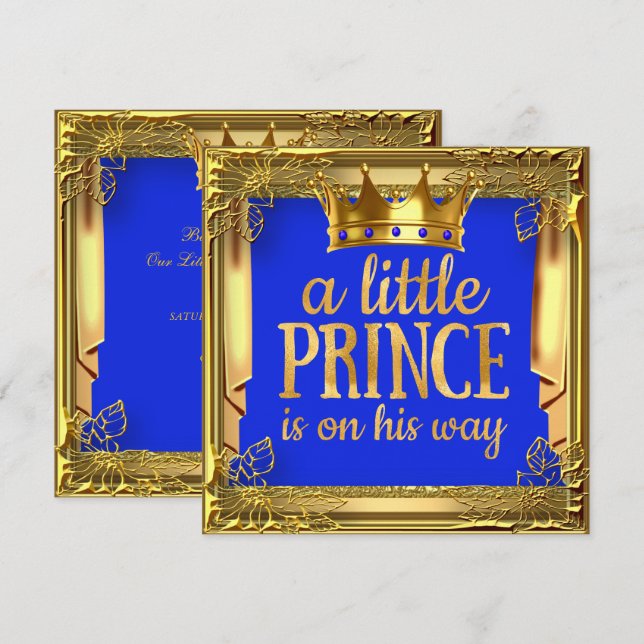 Invitation Prince sur le chemin Baby shower Royal Blue Gold (Devant / Derrière)