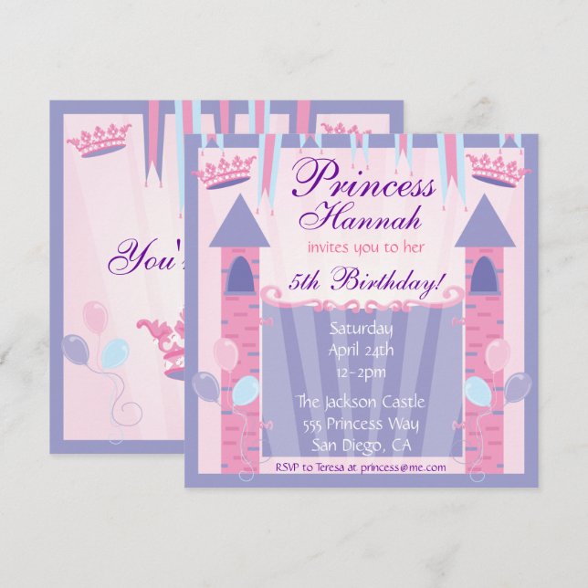 Invitation Princess Anniversaire de la fête (Devant / Derrière)