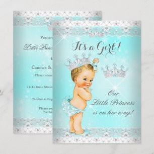 Invitation Princess Baby shower Aqua Lace Tiara Blonde Baby
