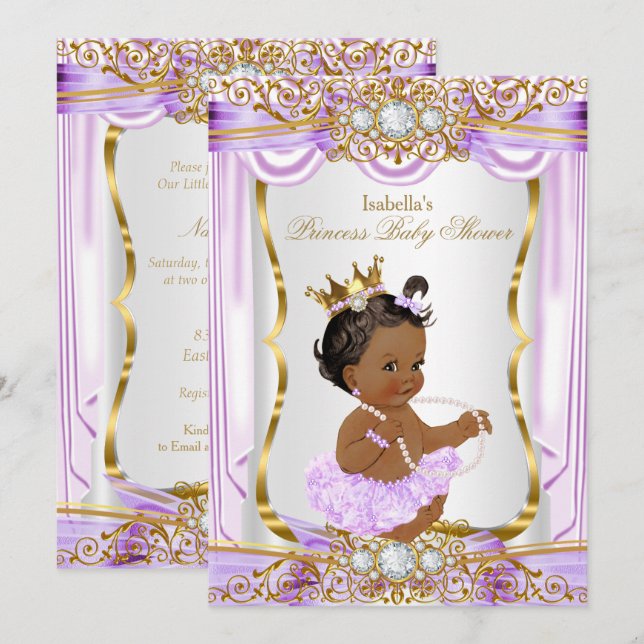 Invitation Princess Baby shower d'ethnie Purple Silk Gold (Devant / Derrière)