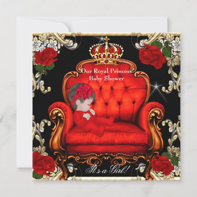 Invitation Princess Baby shower Girl Gold Red Rose Chaise 2 (Devant)