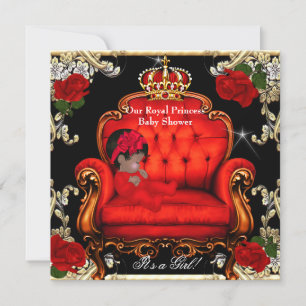 Invitation Princess Baby shower Girl Gold Red Rose Chaise 3