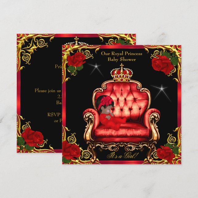 Invitation Princess Baby shower Girl Gold Red Rose Chaise 4 (Devant / Derrière)