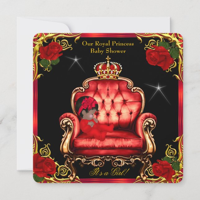Invitation Princess Baby shower Girl Gold Red Rose Chaise 4 (Devant)