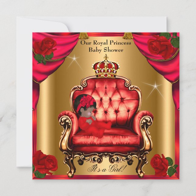 Invitation Princess Baby shower Girl Gold Red Rose Chaise 5 (Devant)