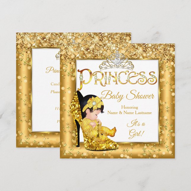 Invitation Princess Baby shower Gold Haut talon Parties scint (Devant / Derrière)
