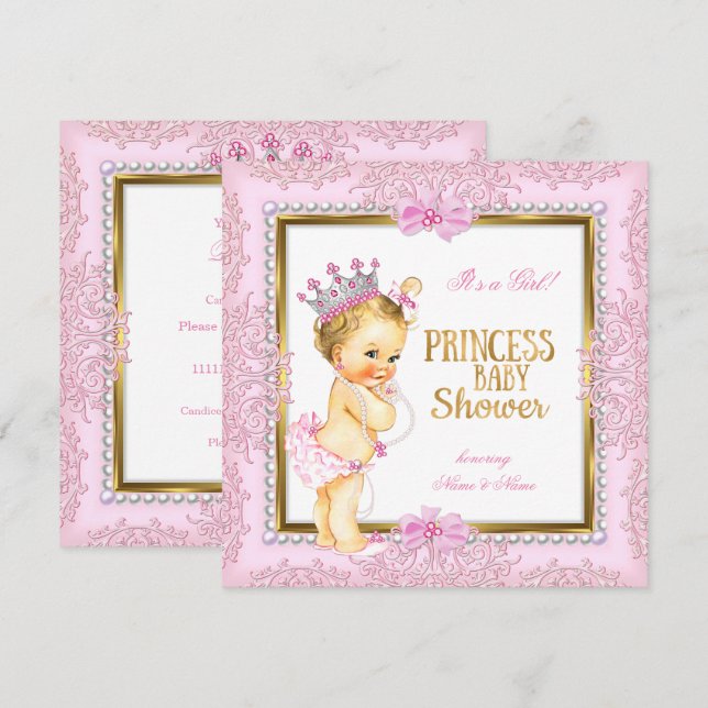 Invitation Princess Baby shower Gold Pink Pearls Lace Blonde (Devant / Derrière)