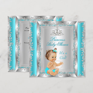 Invitation Princess Baby shower Party Turquoise Argent Brunet