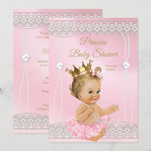 Invitation Princess Baby shower Pink perle lace blonde (Devant / Derrière)