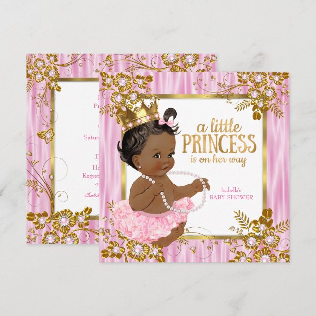 Invitation Princess Baby shower Rose Silk Floral Ethnic (Devant / Derrière)