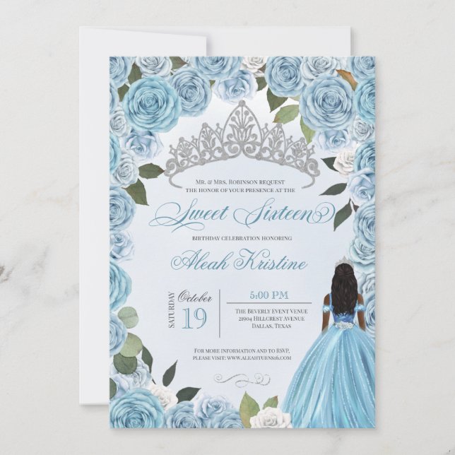 Invitation Princess Ball Blue Roses Sweet 16 Anniversaire Inv (Devant)