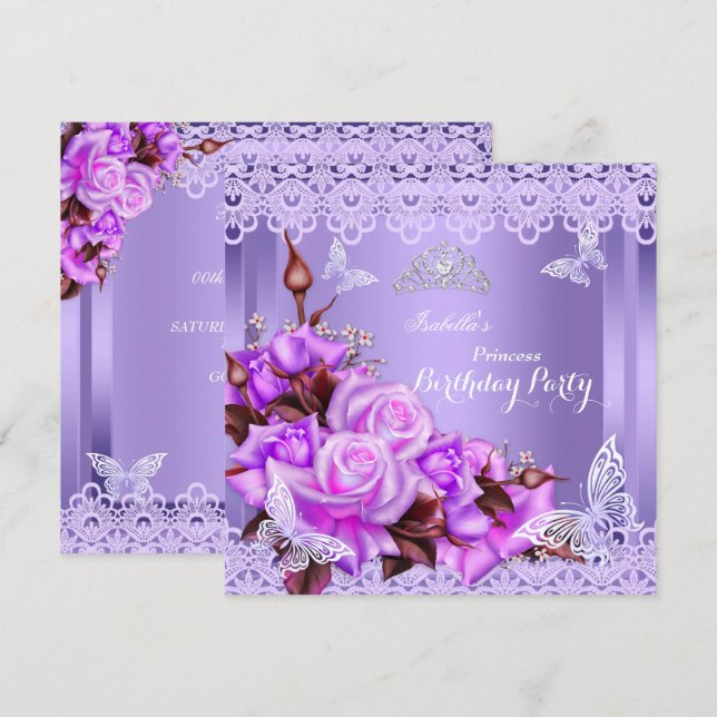 Invitation Princess Butple Rose rose violet fête d'anniversai (Devant / Derrière)