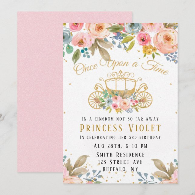 Invitation Princess Carriage Gold Parties scintillant 00e fêt (Devant / Derrière)