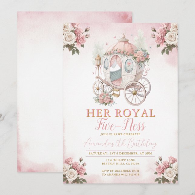 Invitation Princess Carriage Her royal five-ness Birthday  (Devant / Derrière)