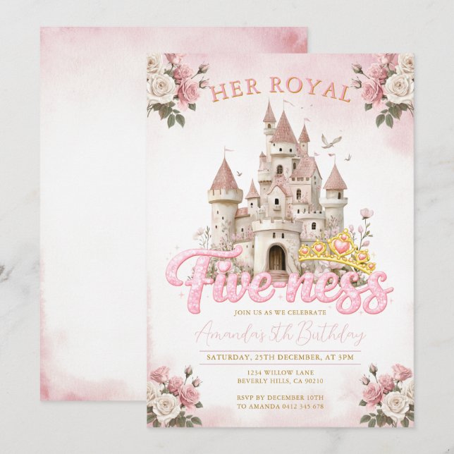 Invitation Princess Castle 5th Birthday Five-ness Royal  (Devant / Derrière)