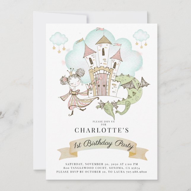 Invitation Princess Castle Dragon Gir1's st Birthday (Devant)